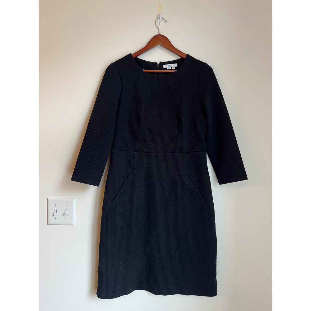 Boden Black Quilted Diamond Texture Classic Shift Dress 3/4 Sleeve Pocket US 10L